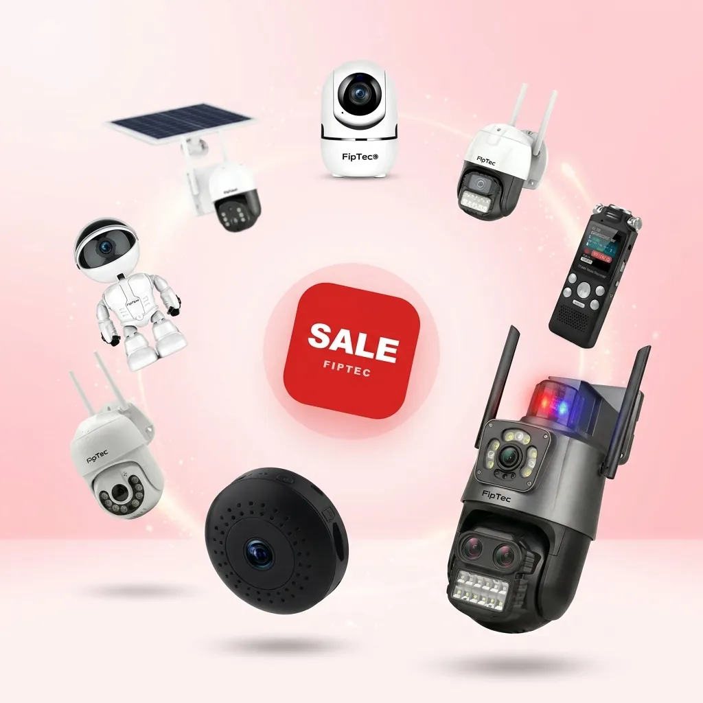 Разнообразие от смарт камери FipTec на промоция, включващи соларна камера, робот-бебефон и безжични охранителни системи за пълна защита на дома и дискретна сигурност за вашето семейство.