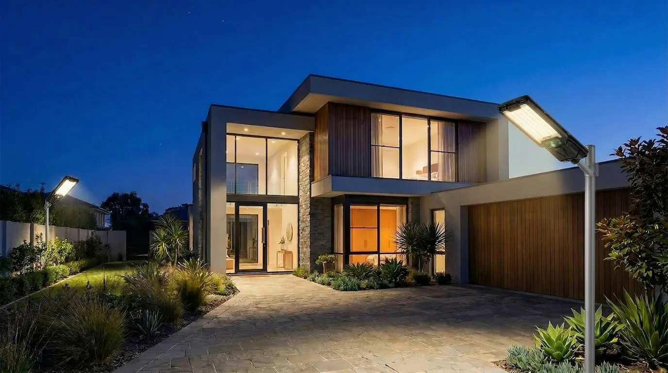 Мощни соларни улични лампи FipTec, осветяващи двора и алеята на модерна къща през нощта за максимална сигурност. Осигурете си надеждна защита и дискретно спокойствие с лесно за инсталиране външно осветление.