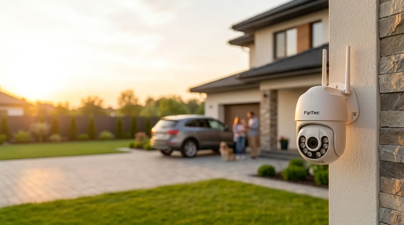 Бяла външна охранителна камера FipTec на стълб пред модерен дом по залез. Тя осигурява надеждна охрана и спокойствие за вашето семейство и имущество, гарантирайки дискретна сигурност.