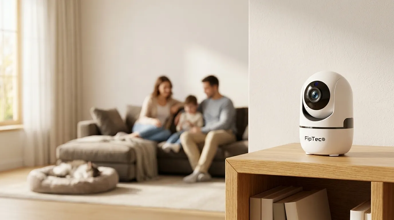 Модерна, бяла вътрешна охранителна камера FipTec, поставена на дървена етажерка в слънчева всекидневна, дискретно осигуряваща пълна защита, спокойствие и лесен контрол за вашето семейство и дом.