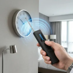 Ръка държи детектор FipTec XScan LM10, който сканира стенен часовник в хотелска стая чрез прецизна антена и светлинни сигнали. Уредът гарантира вашата поверителност и дискретна защита за пълно спокойствие.