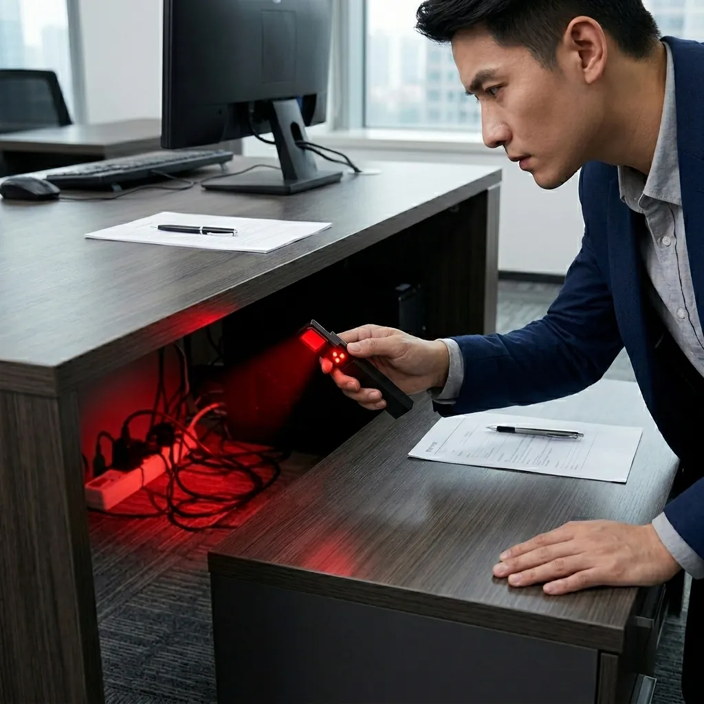 Мъж в офис използва детектор FipTec XScan LM10 с червена светлина за проверка под бюрото. Този уред осигурява дискретна защита на вашето имущество и професионално спокойствие в работната среда.