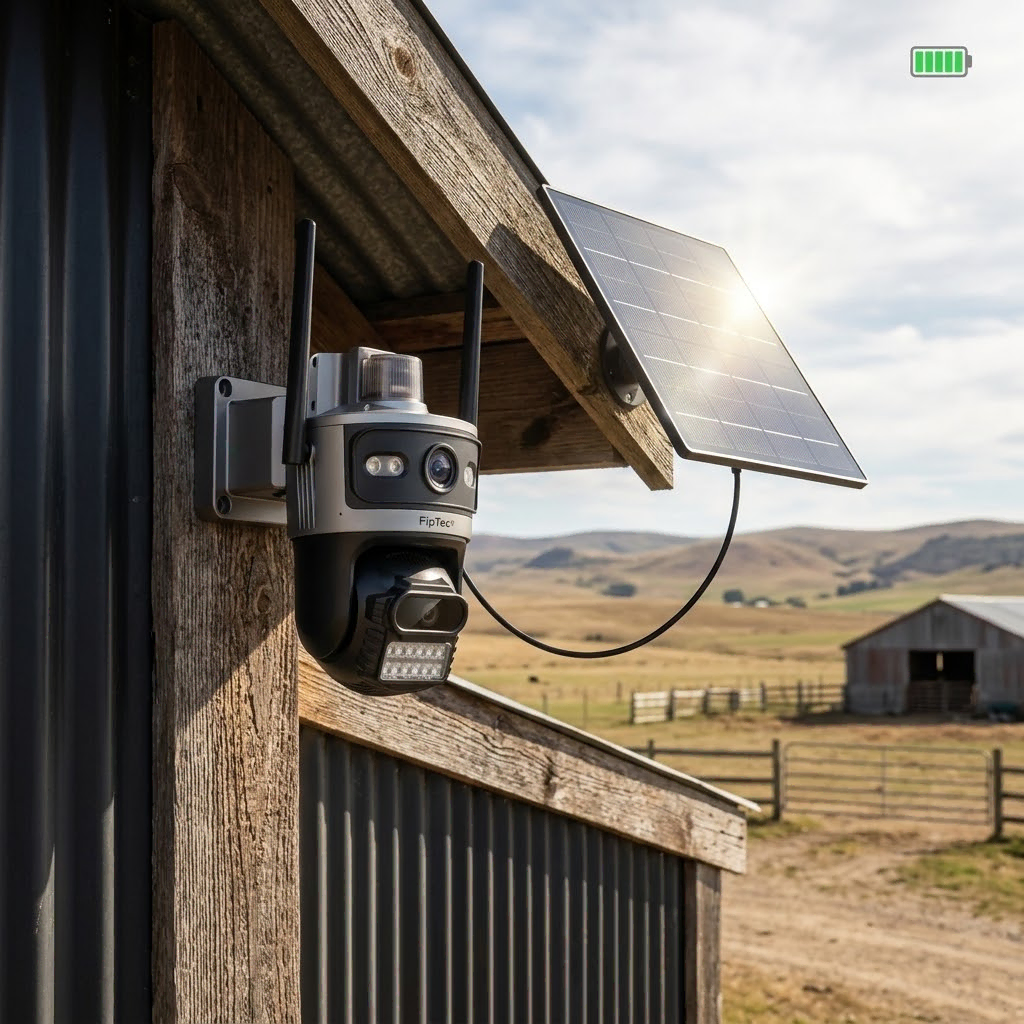 Външна соларна камера със SIM карта FipTec LS17 (4G/5G), монтирана на дървена селскостопанска сграда. Слънчевият панел осигурява пълна батерия, гарантирайки защита и спокойствие чрез сигурност без сложни системи.