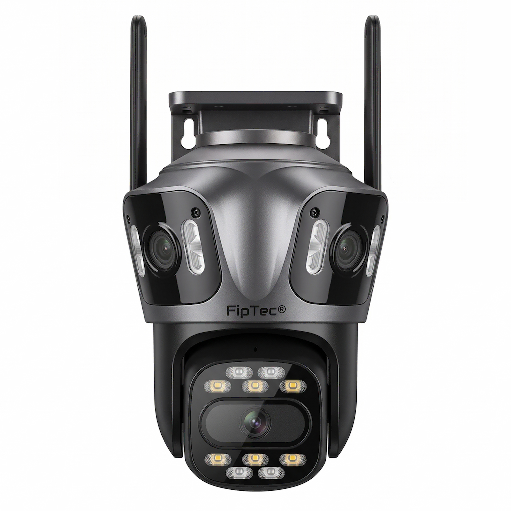 Детайлен изглед на външна безжична WiFi камера FipTec TripleSense 9MP (модел LO33) с три обектива на бял фон. Надеждна защита и лесен контрол за вашето пълно спокойствие.